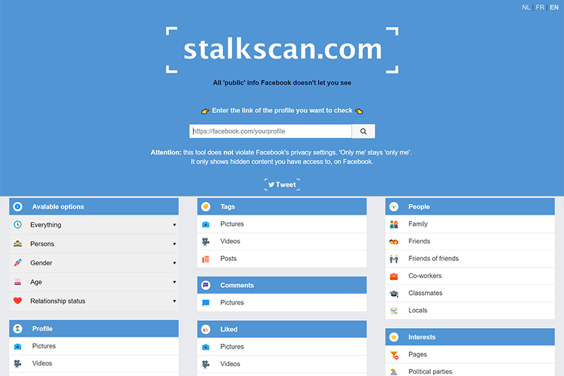 stalkscan.com - 快速查看臉書用戶的所有資訊，含按讚、打卡地點、興趣內容
