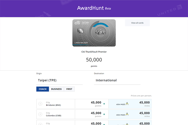 AwardHunt - 快速查詢信用卡里程數可以免費飛行的城市，支援美國運通卡、花旗等