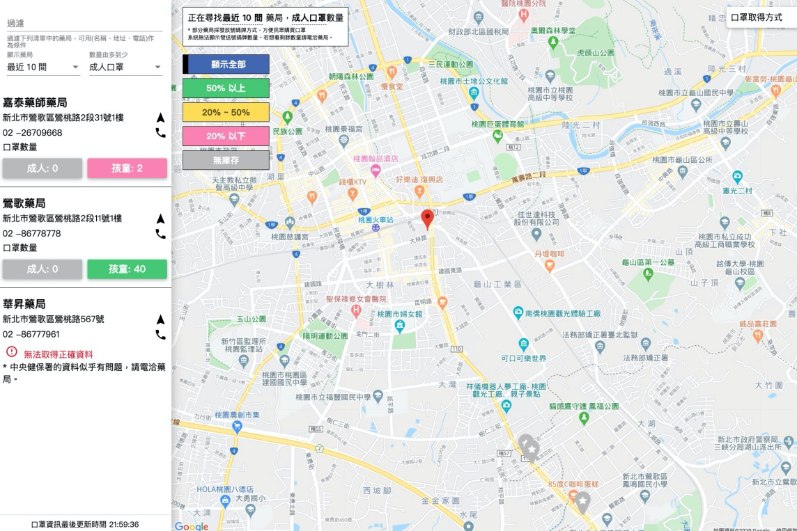 即時口罩地圖，每隔十分鐘更新，快速查詢鄰近藥局口罩庫存量
