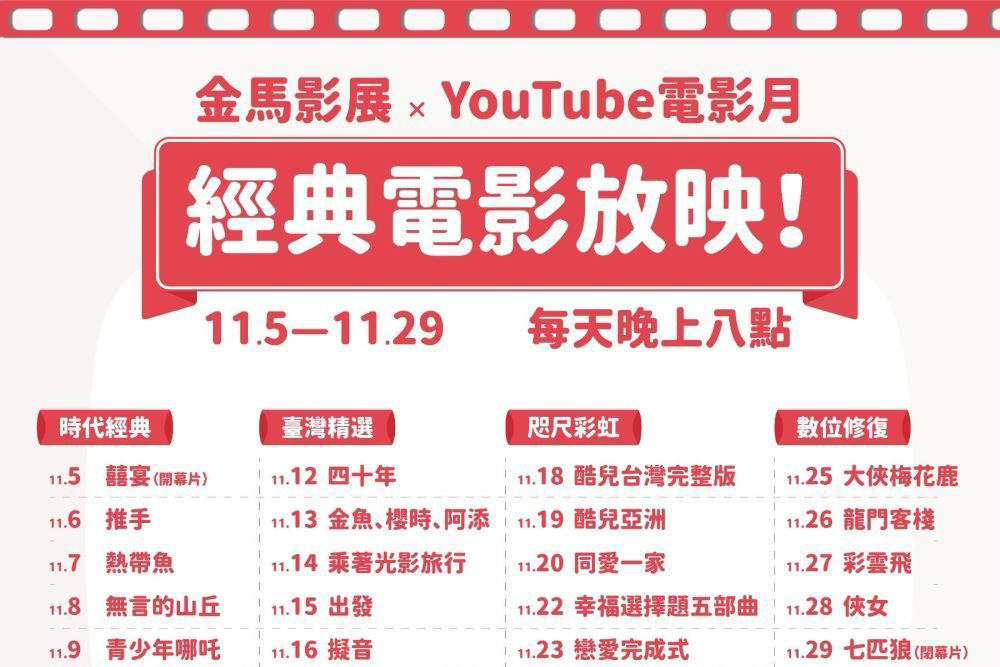 文化部與 Google 合作舉辦「金馬影展 × YouTube 電影月」，經典電影每天八點準時放映