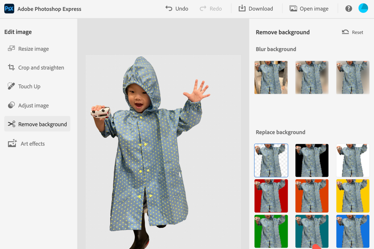 Adobe Photoshop Express 線上版，一鍵去背並完整保留圖片解析度