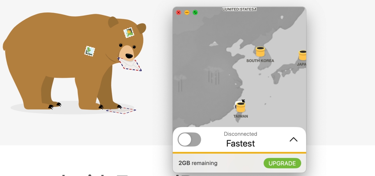 免費 VPN 服務 TunnelBear ，超過 40 個節點可使用，每月有 2GB 流量額度