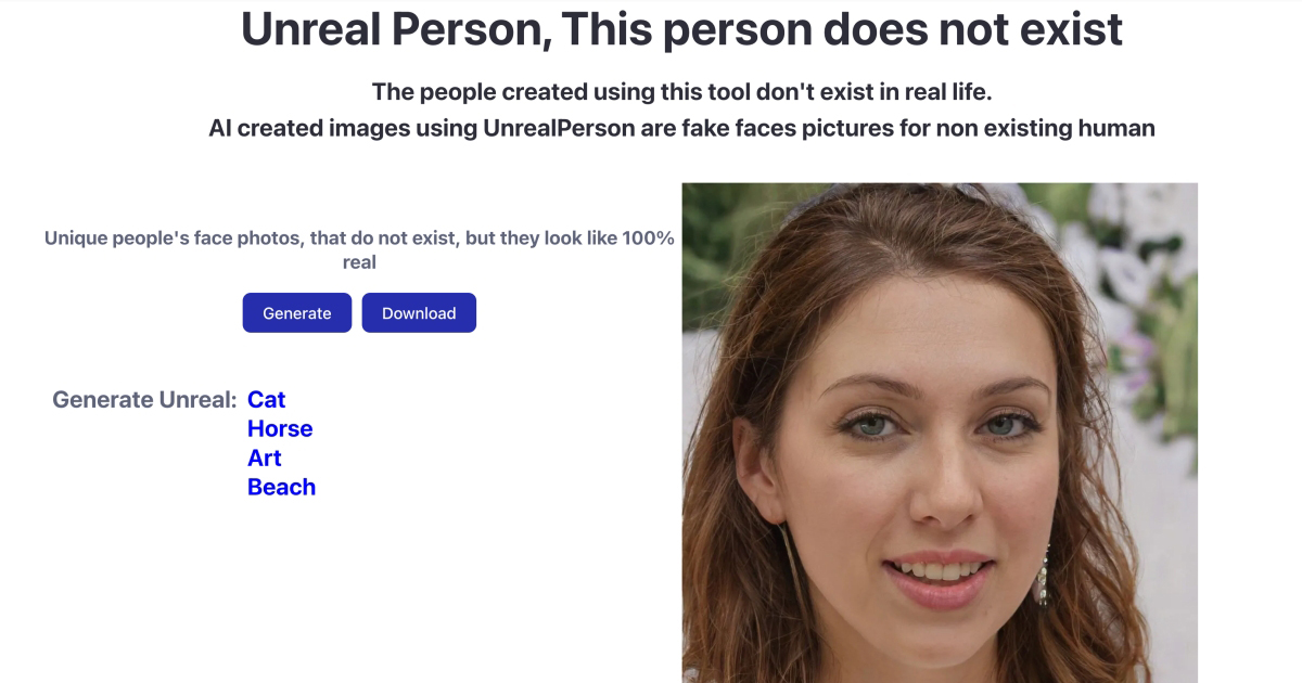 UnrealPerson - 透過 AI 完全隨機的生成這世界上不存在的人物、貓咪、馬、藝術畫或是海灘圖片